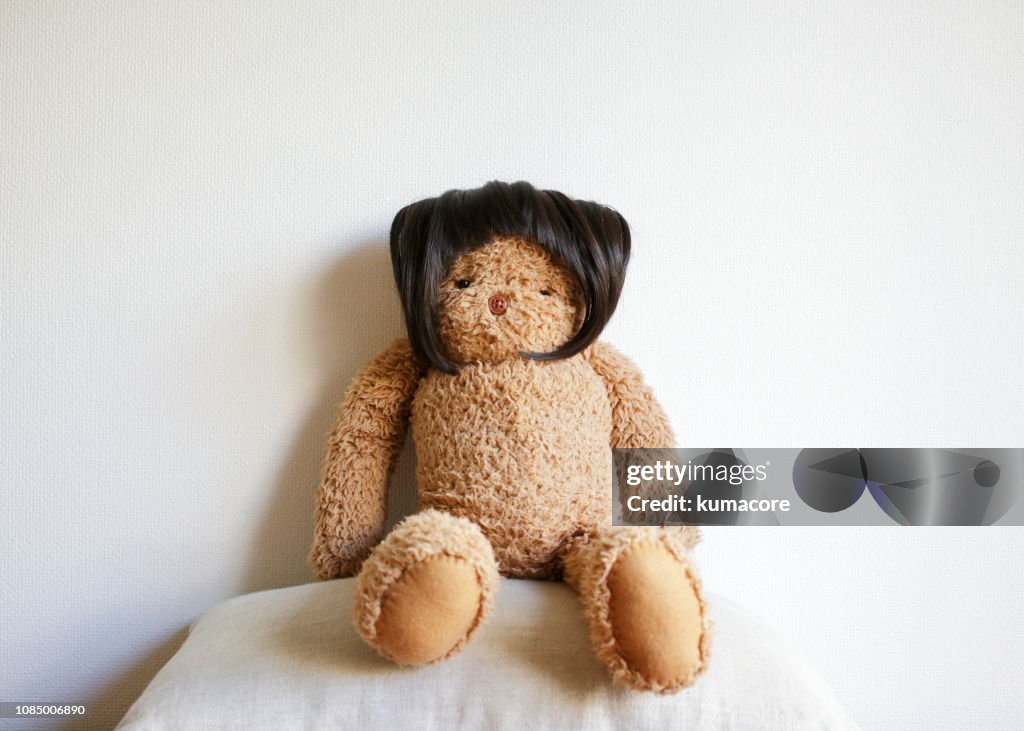 Teddy bear wearing a wig
