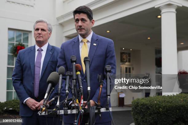 Speaker of the House Paul Ryan and House Majority Leader Kevin McCarthy talk to journalists after meeting with U.S. President Donald Trump at the...