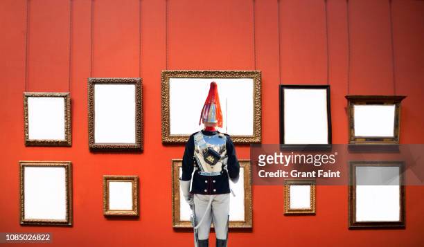 soldier, guard standing at attention in gallery. - kunst, kultur und unterhaltung stock-fotos und bilder