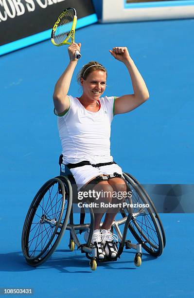 Esther Vergeer of the Netherlands celebrates winning the Women's Wheelchair singles final against Daniela Di Toro of Australia during day thirteen of...