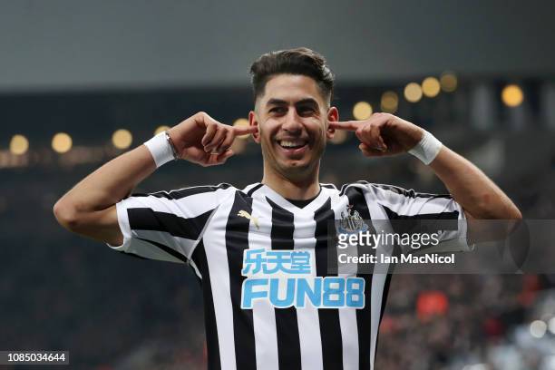 Ayoze Perez of Newcastle United celebrates after scoring his sides third goal during the Premier League match between Newcastle United and Cardiff...