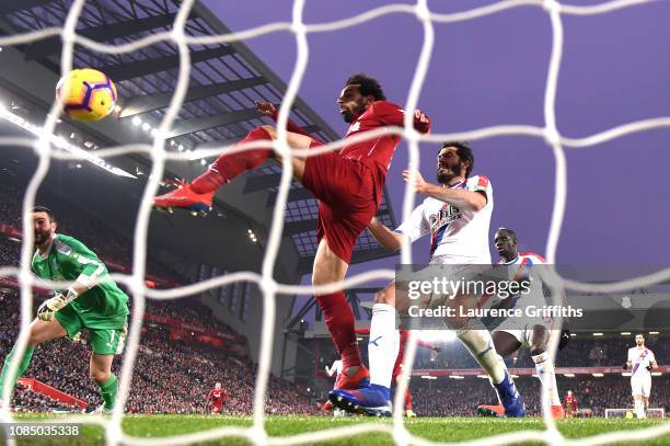 Mohamed Salah of Liverpool scores his sides third goal during the Premier League match between Liverpool FC and Crystal Palace at Anfield on January...