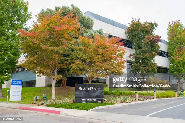 Sign on facade at office of financial company Blackrock in the Silicon Beach area of Los Angeles, California, December 10, 2018.