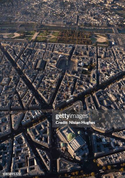 aerial flying over palais garnier in paris france, morning - plaza vendome fotografías e imágenes de stock