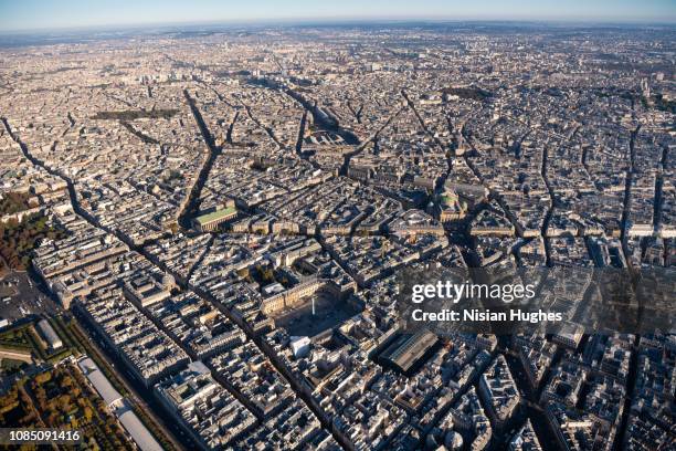 aerial view flying over the center of paris france, daytime - opéra garnier photos et images de collection