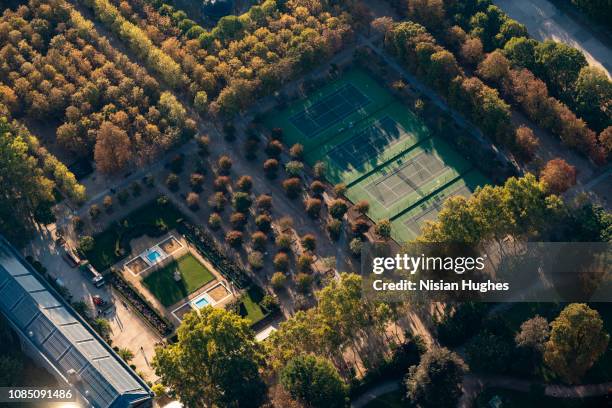 aerial view looking directly down at tennis courts in paris france - paris tennis bildbanksfoton och bilder