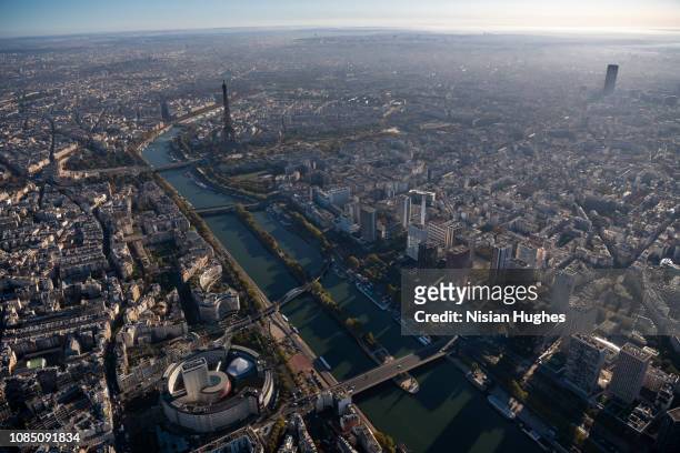 aerial wide shot of radio france in paris france, daytime - paris aerial stock pictures, royalty-free photos & images