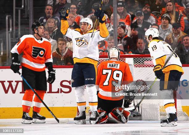 Nick Bonino of the Nashville Predators celebrates his goal at 4:04 of the second period against Carter Hart of the Philadelphia Flyers at the Wells...