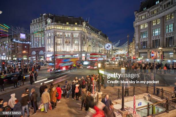christmas lights oxford circus, from a high angle view. - oxford street christmas stock pictures, royalty-free photos & images