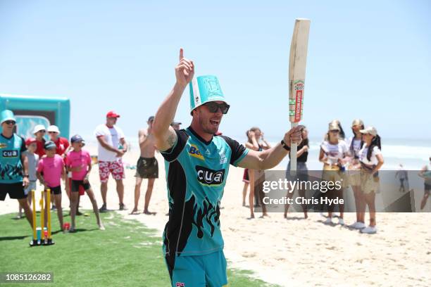 Chris Lynn of the Heat celebrates during the Big Bash League and KFC Media Event at Main Beach on December 21, 2018 in Gold Coast, Australia.