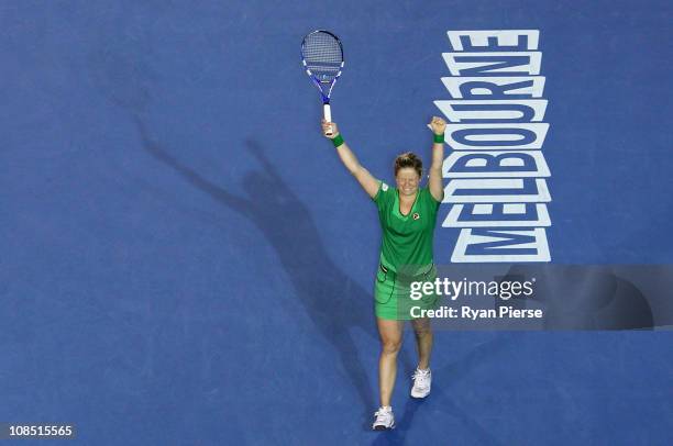 Kim Clijsters of Belgium celebrates championship point in her women's final match against Na Li of China during day thirteen of the 2011 Australian...