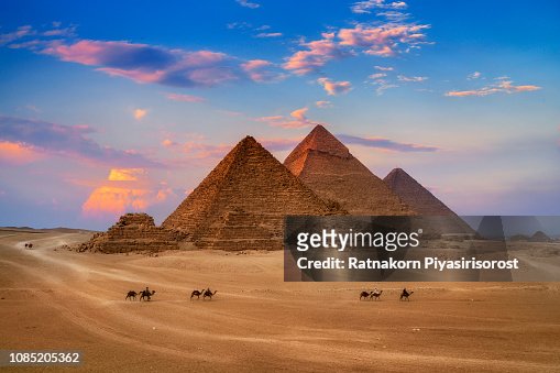 Giza Egypt Pyramids in Sunset Scene, Wonders of the World.