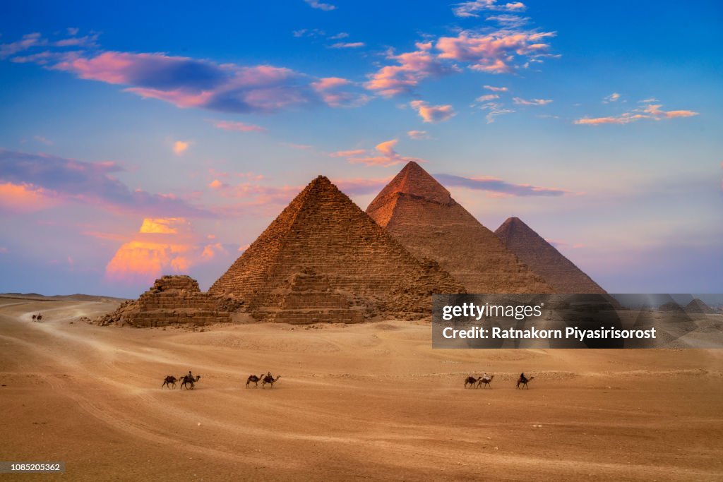 Giza Egypt Pyramids in Sunset Scene, Wonders of the World.