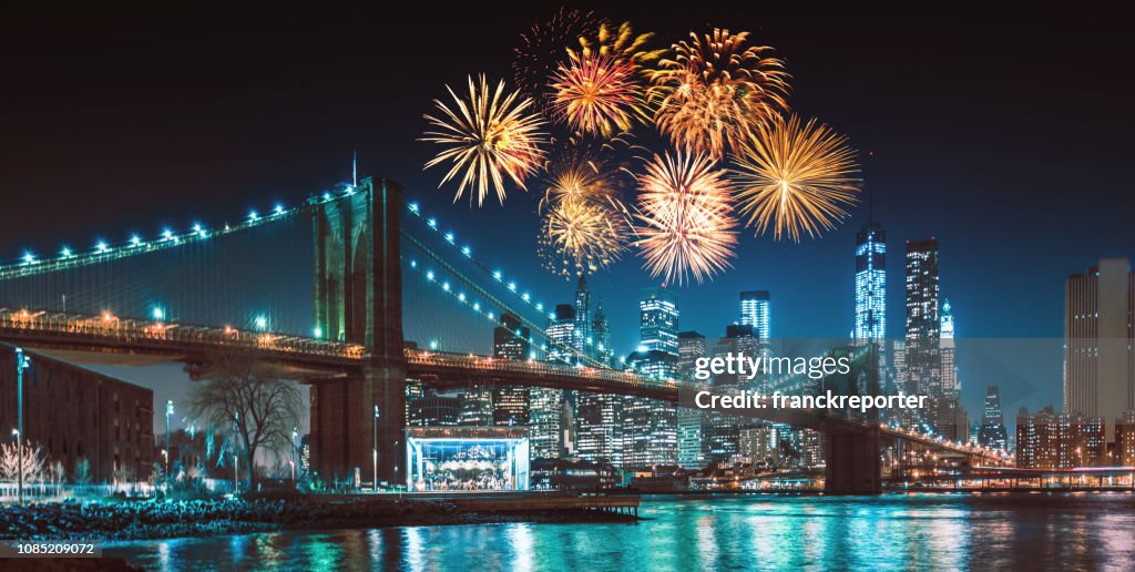 New york city skyline at night with fireworks