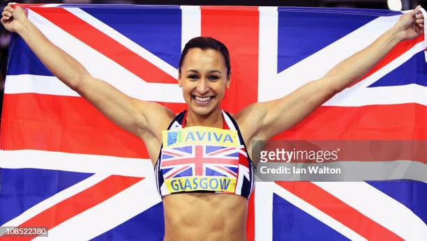 Jessica Ennis of Great Britain celebrates winning the women's 60m Hurdles at Kelvin Hall on January 29, 2011 in Glasgow, Scotland.