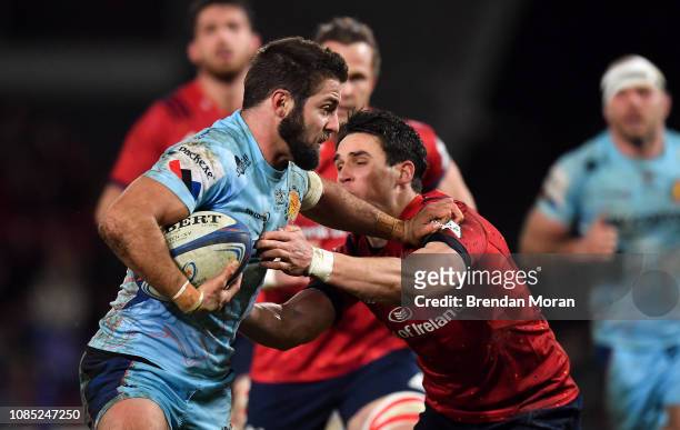 Limerick , Ireland - 19 January 2019; Santiago Cordero of Exeter Chiefs is tackled by Joey Carbery of Munster during the Heineken Champions Cup Pool...