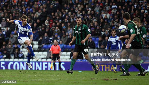 David Bentley of Birmingham scores their first goal during the FA Cup Sponsored by E.ON 4th Round match between Birmingham City and Coventry City at...