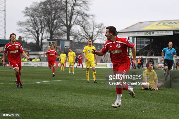 Matthew Tubbs of Crawley Town celebrates scoring the first goal during the FA Cup sponsored by E.ON 4th round match between Torquay United and...