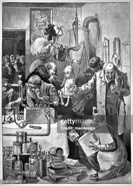 weird science lab - 1896 - crazy inventor stock illustrations