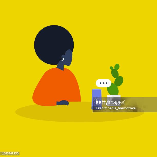 Young millennial black female character using a smart speaker. New technologies. Modern lifestyle. Trends. Flat editable vector illustration, clip art