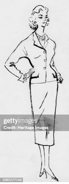 Woman in pencil suit, circa 1950. Fashion illustration. Artist Shirley Markham.