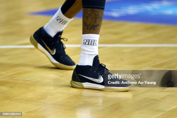 Patrick Richard of the Breakers wears the Nike Kobe AD during the round 10 NBL match between the New Zealand Breakers and the Illawarra Hawks at...