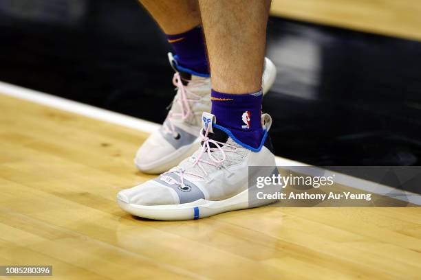 Jordan Ngatai of the Breakers wears the Nike Kobe AD during the round 10 NBL match between the New Zealand Breakers and the Illawarra Hawks at...