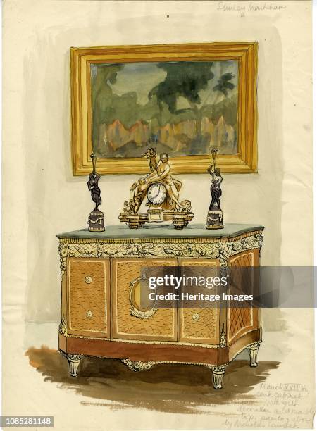 French XVIIIth century cabinet with gilt decoration and marble top', circa 1950. Painting above by Nicholas Lancret. Artist Shirley Markham.