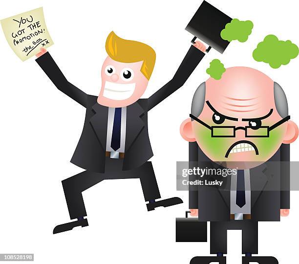 an older man angry that a younger man got the promotion - court decides on objections stock illustrations