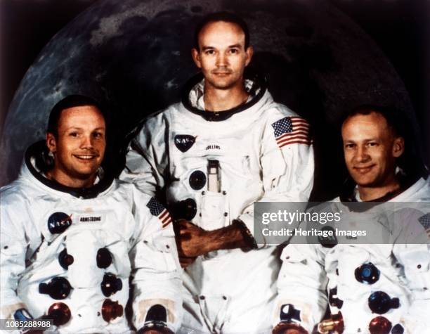 Neil Armstrong, Michael Collins and Buzz Aldrin, crew of Apollo 11, 1969. Portrait of American astronauts Neil A Armstrong, commander; Michael...