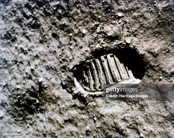 The first footprint on the Moon', Apollo 11 mission, July 1969. Boot-print of US astronaut Neil Armstrong, first man to set foot on the Moon, clearly...