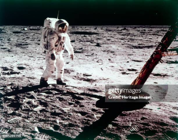 Buzz Aldrin near the leg of the Lunar Module on the Moon, Apollo 11 mission, July 1969. The Apollo 11 Lunar Module, code named Eagle, with US...