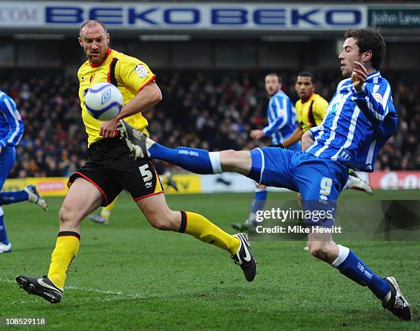 Goalscorer Ashley Barnes of Brighton controls the ball as Martin Taylor of Watford looks on during the FA Cup Sponsored by E.ON 4th Round match...