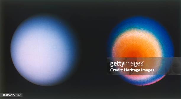 Uranus from Voyager 2 spacecraft, c1980s. Two images - one in true and one in false colour. The unmanned Voyager 2 space probe was launched by NASA...