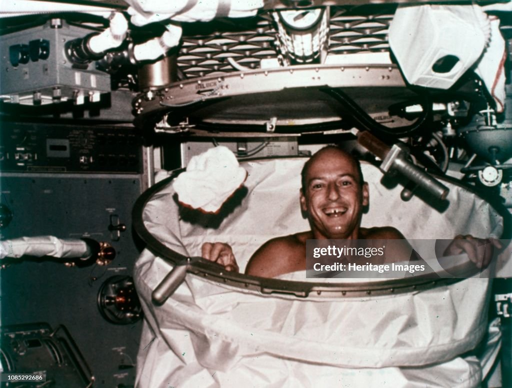 Conrad In Shower Facility Aboard Skylab 2
