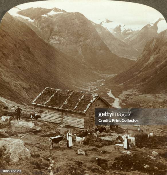 From the mountain inn at Vidde saeter down the Vidde valley - Mt. Skaala in right distance', circa 1905. From "The Underwood Travel Library -...
