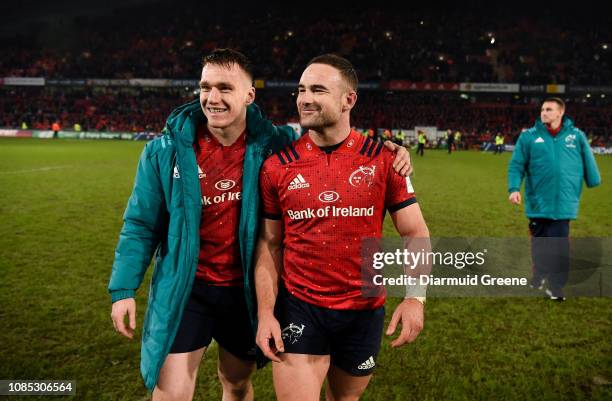 Limerick , Ireland - 19 January 2019; Rory Scannell, left, and Alby Mathewson of Munster celebrate after the Heineken Champions Cup Pool 2 Round 6...