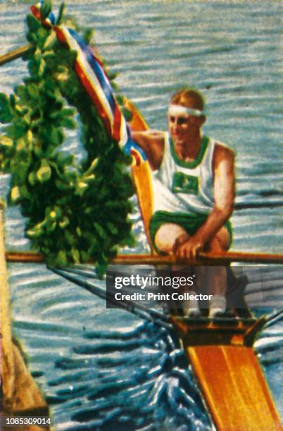Australian rower Bobby Pearce wins the single sculls, 1928. Pearce won gold medals at the 1928 Summer Olympics, held in Amsterdam, and at the 1932...