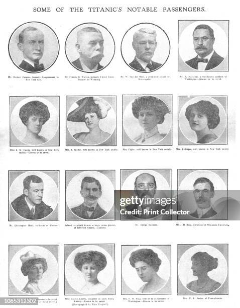 Some of the Titanic's Notable Passengers', April 20, 1912. Photographs of well-to-do passengers, some 'known to be saved'. The White Star Line ship...