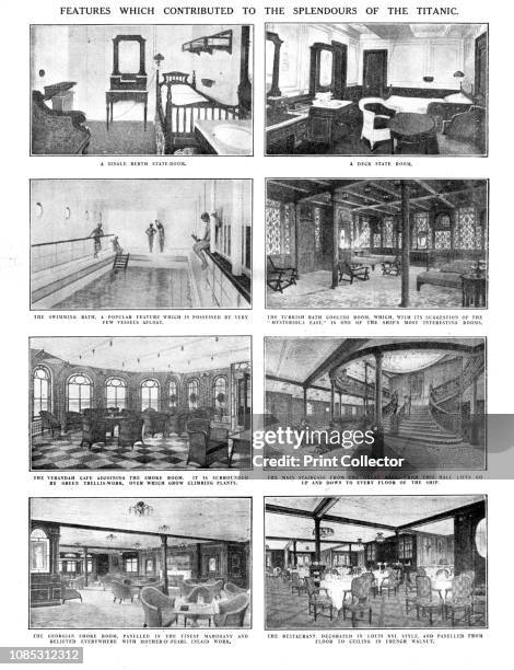 Features which Contributed to the Splendours of the Titanic', April 20, 1912. A single-berth state room, a deck state room, the swimming pool, the...