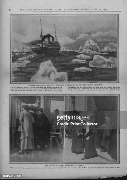 Liner in a field of ice, and people waiting for news of the 'Titanic' disaster, April 20, 1912. 'A Liner Threading Her Way Through a Field of Ice in...