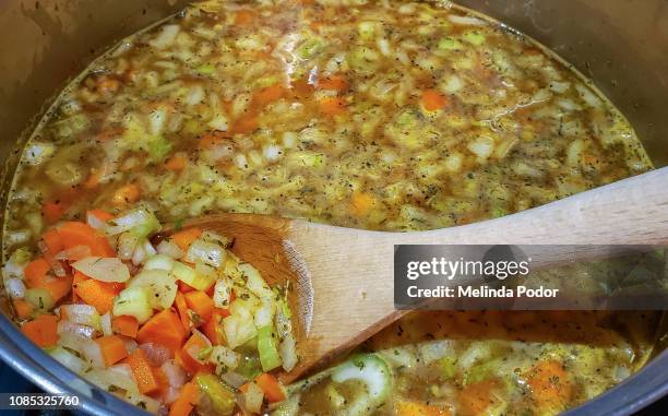 pot of vegetable soup being stirred on stove - celery soup stock pictures, royalty-free photos & images