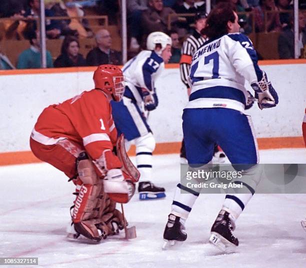 Glen Hanlon of the Detroit Red Wings skates against Dave Semenko of the Toronto Maple Leafs on January 30, 1988 at Maple Leaf Gardens in Toronto,...