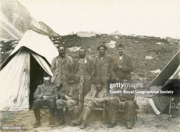 Members of the expedition at the advanced base, Back row :- Bullock, Morshead, Wheeler and Mallory. Front row :- Heron, Wollaston, Howard-Bury and...