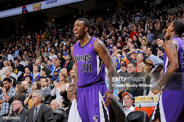 Donte Greene of the Sacramento Kings reacts from the bench against the Golden State Warriors on January 21, 2011 at Oracle Arena in Oakland,...