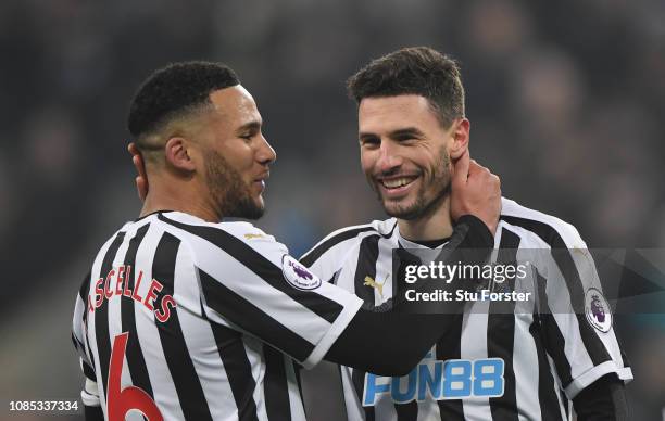 Newcastle captain Jamaal Lascelles congratulates two goal her Fabian Schar after the Premier League match between Newcastle United and Cardiff City...