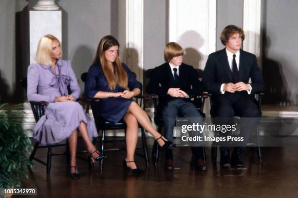 Joan Kennedy, Edward M. Kennedy Jr., Patrick J. Kennedy, Kara Kennedy during Ted Kennedy Announces His Candidacy For President at Faneuil Hall in...