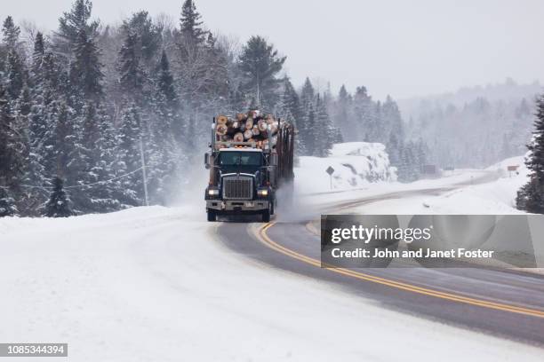 truck with load of logs  on winter highway with snow - log driver canada stock pictures, royalty-free photos & images