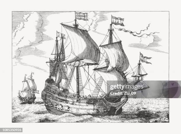 marine ships, engraved by ludolf bakhuizen, second half 17th century - half boat stock illustrations