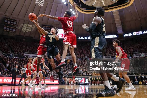 Carsen Edwards of the Purdue Boilermakers shoots the ball against Juwan Morgan of the Indiana Hoosiers during the second half of the game at Mackey...